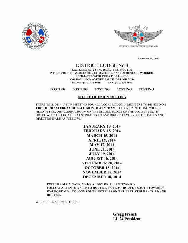 2014 Union Meeting Schedule | Andrews IAM